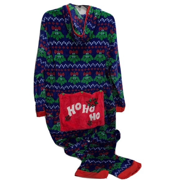 One Piece Kiss Me Christmas Mistletoe Drop Drawer Pajamas w/ Hood XXL Fuzzy - Picture 2 of 8
